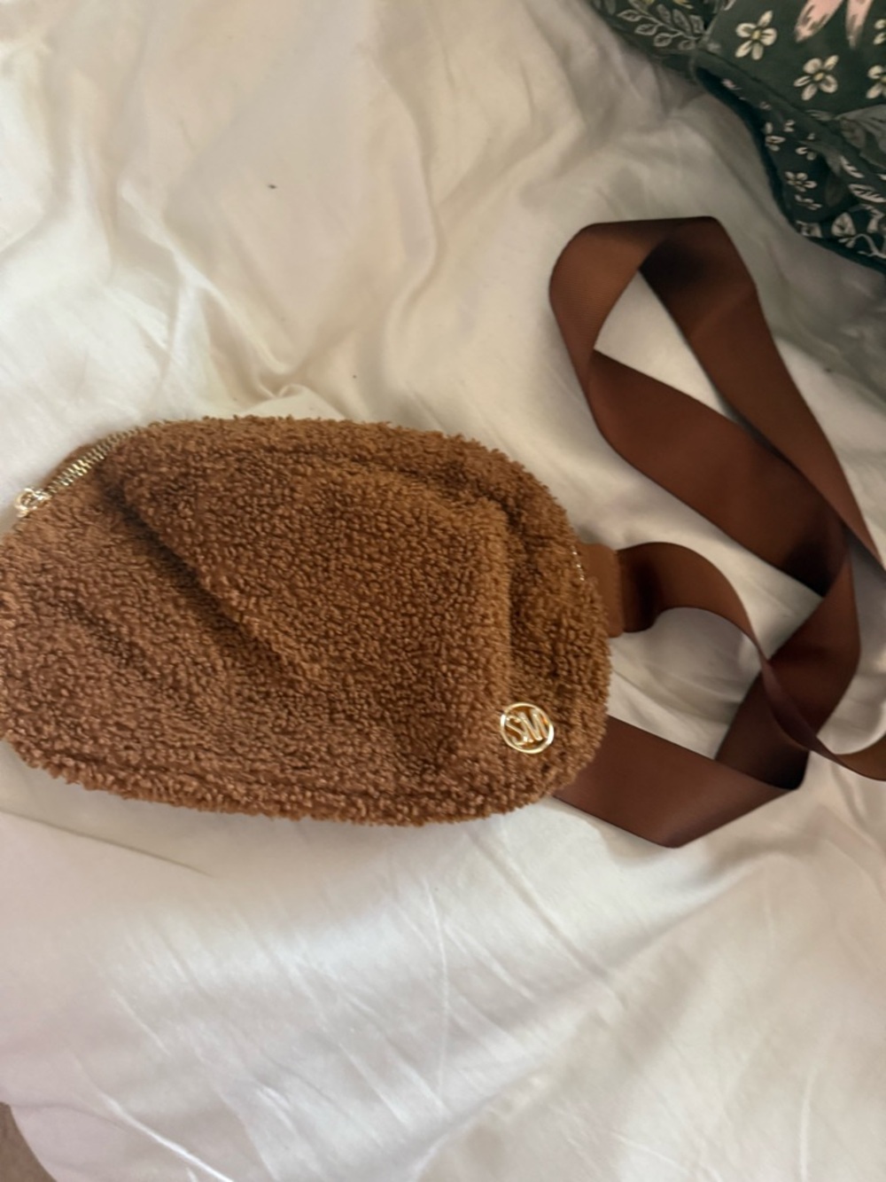 Steve Madden Brown Teddy Crossbody Belt Bag with Gold Logo